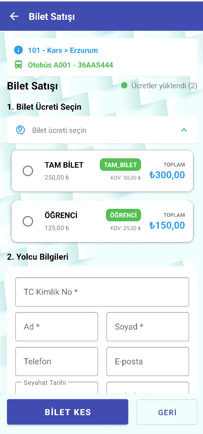 Android POS bilet kesme ekranı