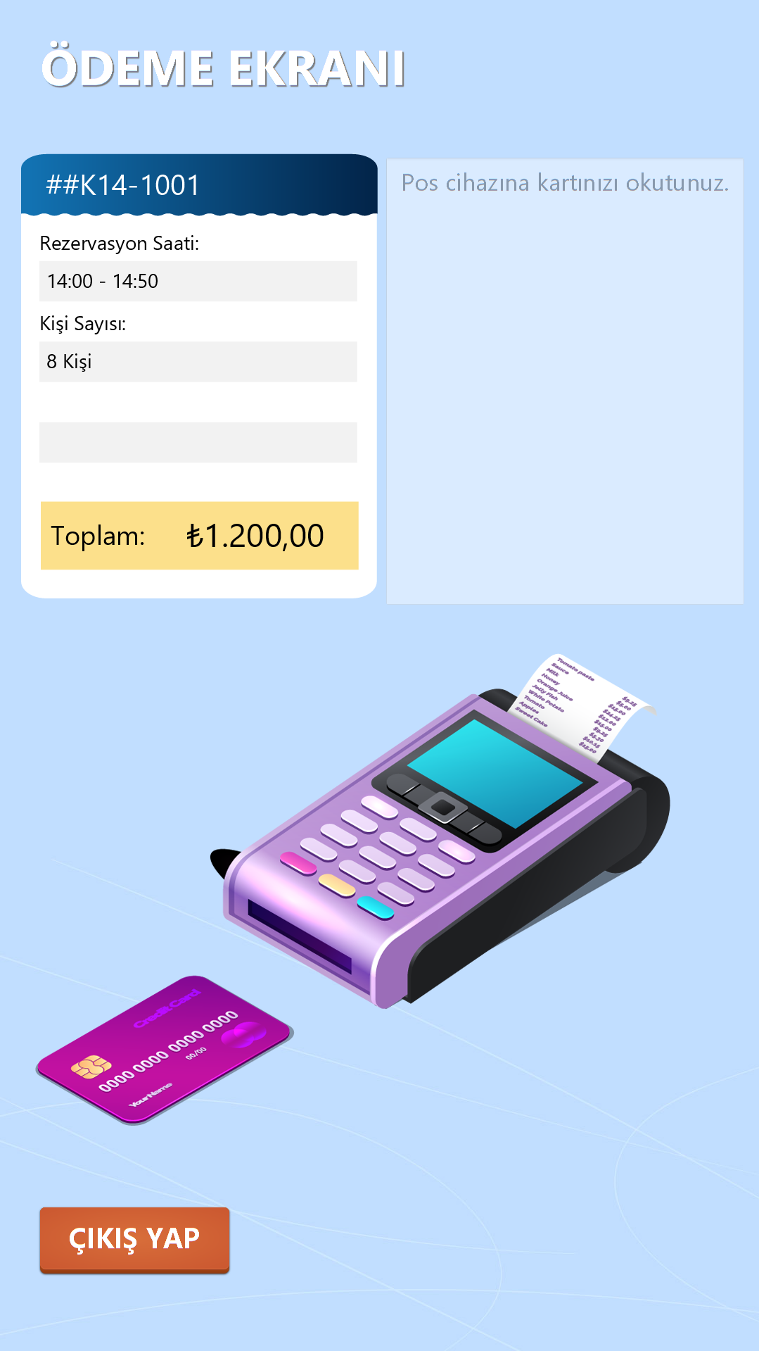 Rezervasyon kiosku ödeme ekranı